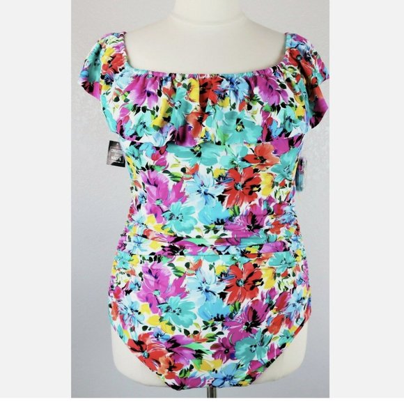 Swim Solutions  22W One Piece Off The Shoulder Or With Straps Tummy Control - Picture 2 of 8